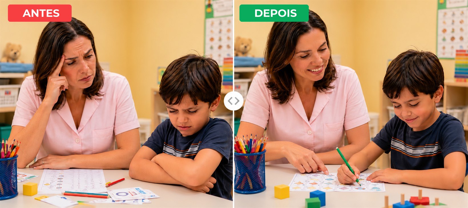 À esquerda, uma professora de apoio cansada ao lado de um menino de braços cruzados, com a folha intocada na mesa. À direita, a mesma professora sorrindo enquanto o menino faz a atividade com o lápis na mão.
