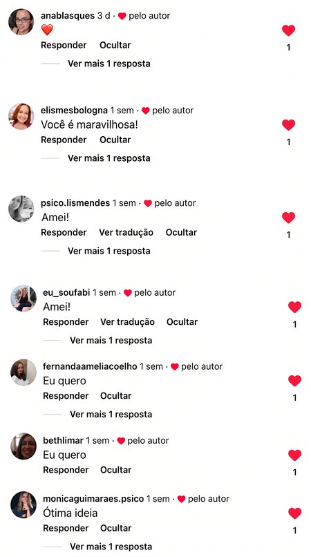 Comentários no Instagram: Você é maravilhosa, Amei, Eu quero, Ótima ideia.