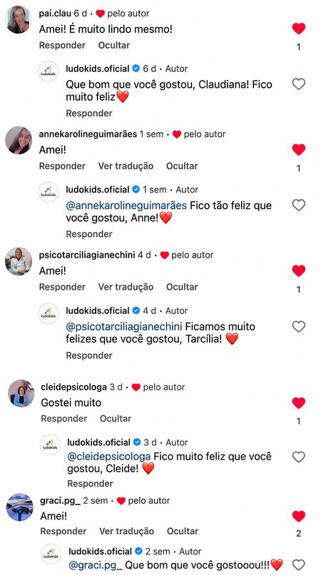 Comentários no Instagram com as respostas do perfil: Amei, É muito lindo mesmo, Gostei muito.
